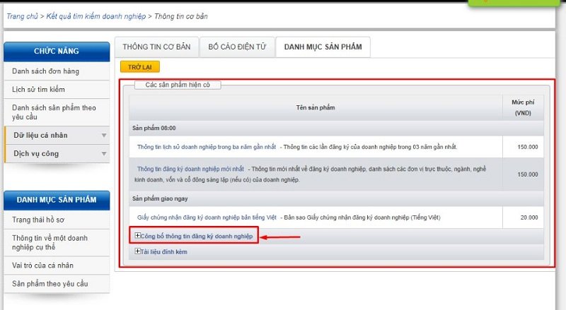 Trong danh sách sản phẩm hiện có, chọn Công bố thông tin đăng ký doanh nghiệp.
