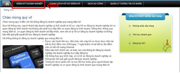 Hướng dẫn thay đổi đăng ký kinh doanh qua mạng chi tiết Tiếp tục nhấn vào ô đăng ký doanh nghiệp.