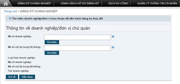 Hướng dẫn thay đổi đăng ký kinh doanh qua mạng chi tiết Màn hình tìm kiếm doanh nghiệp hoặc đơn vị phụ thuộc.